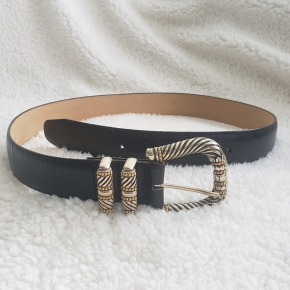 BRIGHTON Women's Black Leather Belt Silver and Gold Tone Buckle Scroll Work - Picture 1 of 14